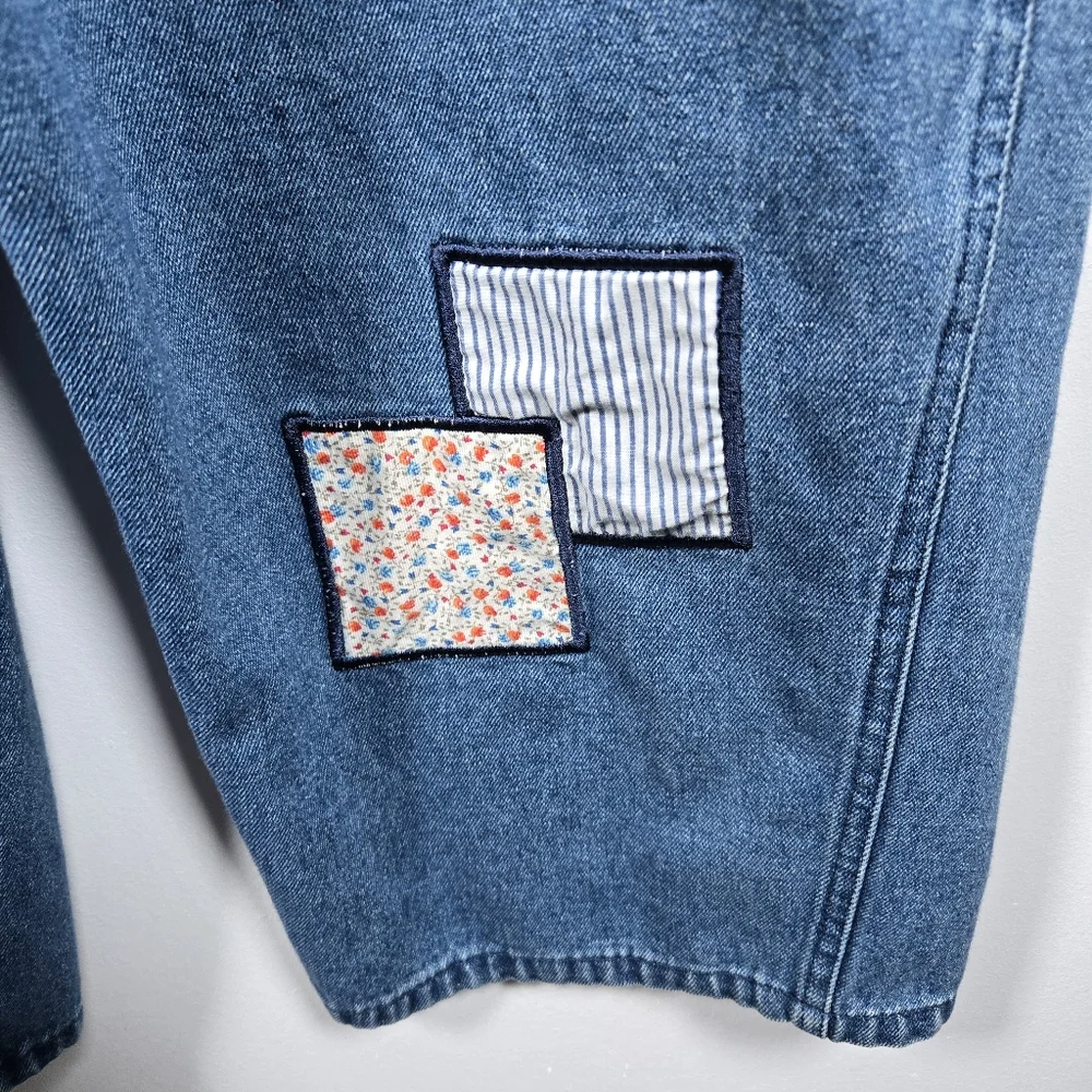 Vintage 90s Mountain Lake Casuals Patchwork Cropped Blue Jean Overalls Medium